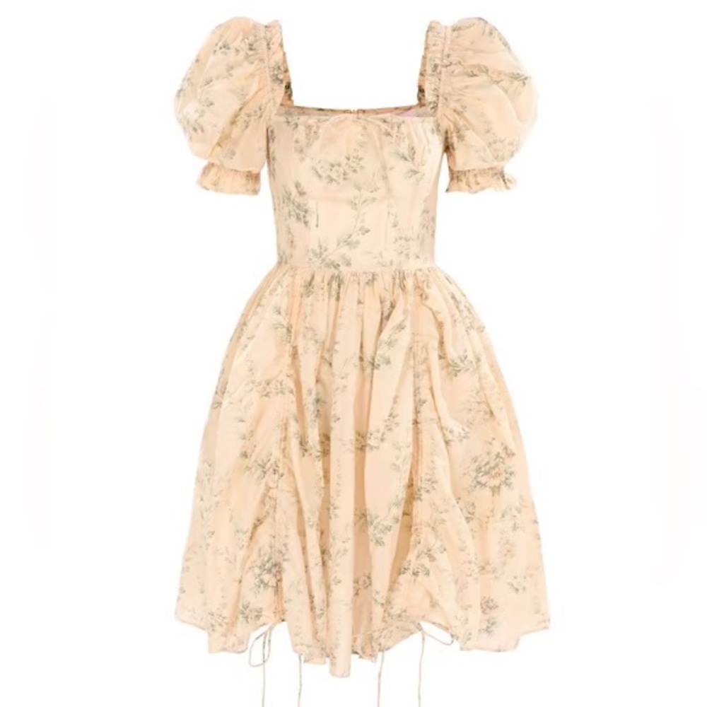 Anthropologie Selkie Puff Sleeve Romantics Mini Dress Neutral Motif XS